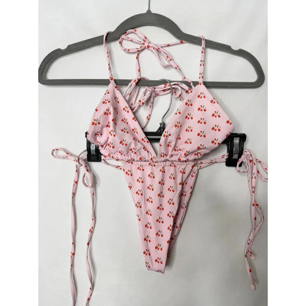 Frankie's Bikinis Pink Strawberry Shortcake Bikini Set Triangle String Tie Small